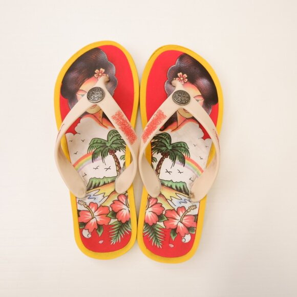 Ed Hardy Sandal Women 8 Rainbow Hawaii Floral Flip Flop Pool Beach Retro Core Go - Picture 1 of 12